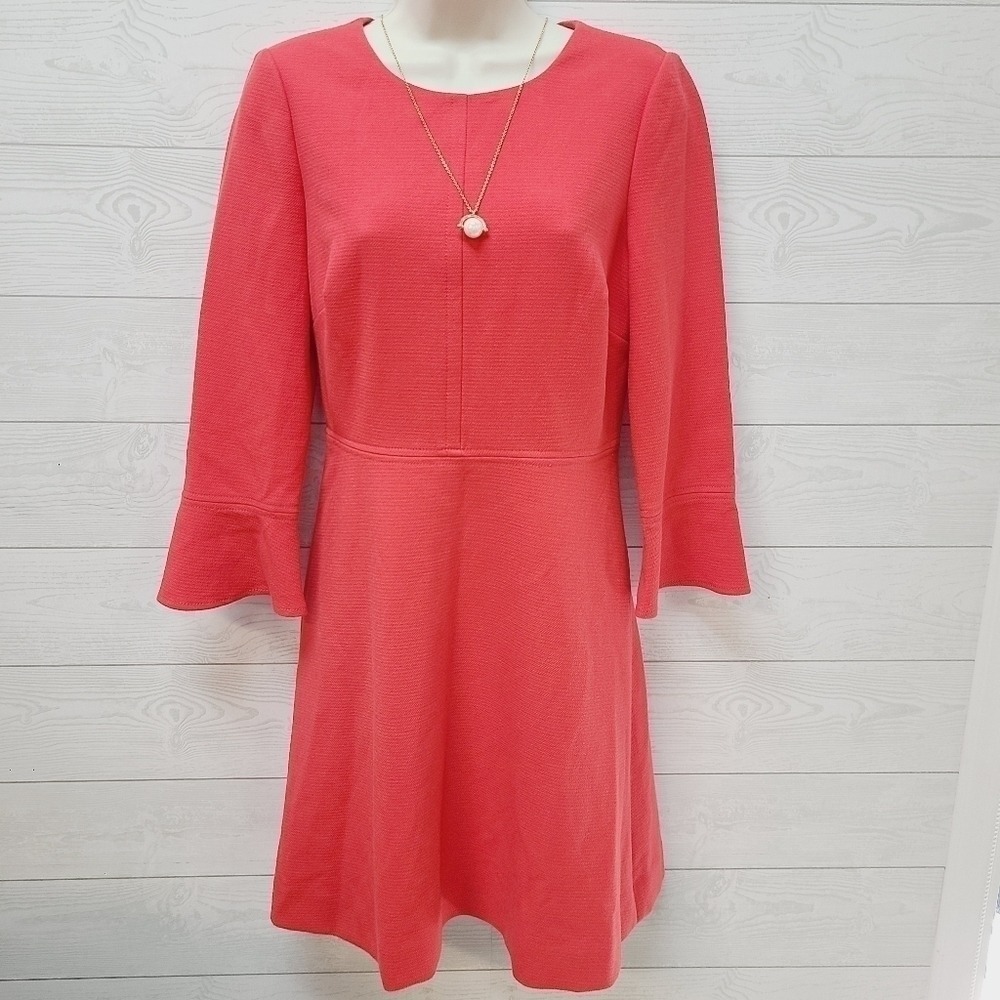 J.Crew Coral Pink‎ Textured Fit and Flare Dress 3/4 Bell Sleeve Size 2 RN77388